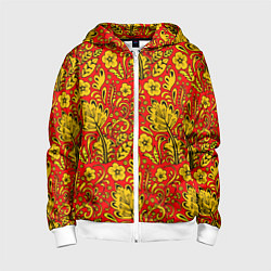 Толстовка на молнии детская Хохломская роспись золотистые цветы на красном фон, цвет: 3D-белый