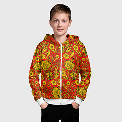 Толстовка на молнии детская Хохломская роспись золотистые цветы на красном фон, цвет: 3D-белый — фото 2
