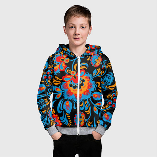 Детская толстовка на молнии Хохломская роспись разноцветные цветы на чёроном ф / 3D-Меланж – фото 3
