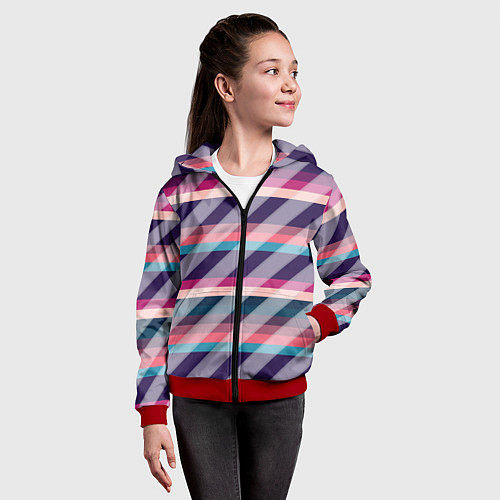 Детская толстовка на молнии Косая клетка: разные оттенки фиолетового / 3D-Красный – фото 4