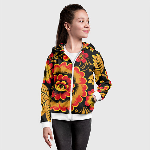 Детская толстовка на молнии Хохломская роспись красно-жёлтые цветы на чёрном ф / 3D-Белый – фото 4