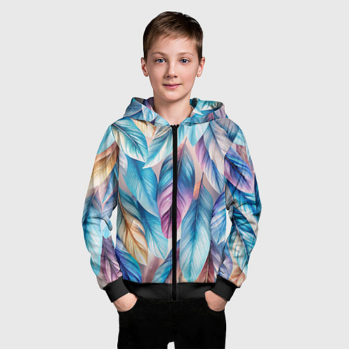 Детская толстовка на молнии Акварельные перья птиц / 3D-Черный – фото 3