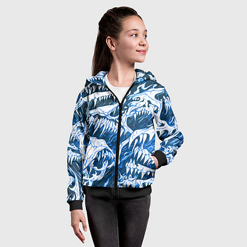 Детская толстовка на молнии Белые клыки на синем фоне / 3D-Черный – фото 4