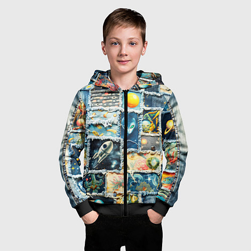 Детская толстовка на молнии Космические обитатели - пэчворк / 3D-Черный – фото 3