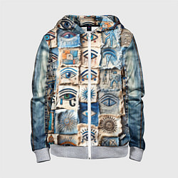 Толстовка на молнии детская Глаза на пэчворк дениме, цвет: 3D-меланж