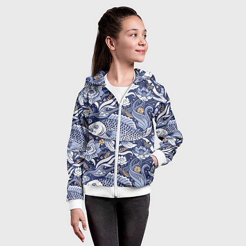 Детская толстовка на молнии Рыба карп - синий корейский узор / 3D-Белый – фото 4