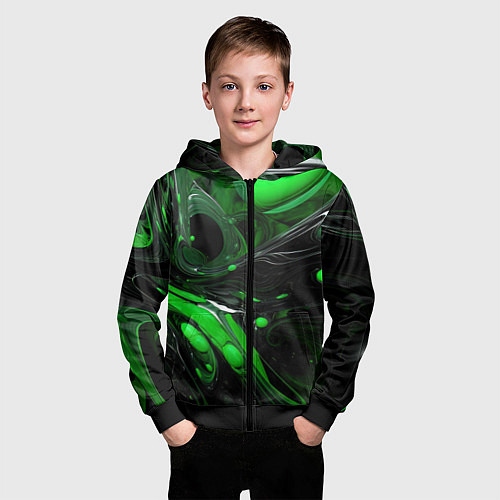 Детская толстовка на молнии Green dark abstract geometry style / 3D-Черный – фото 3