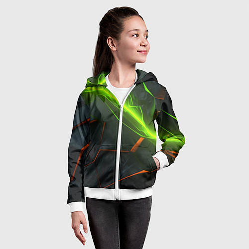 Детская толстовка на молнии Green neon abstract geometry / 3D-Белый – фото 4