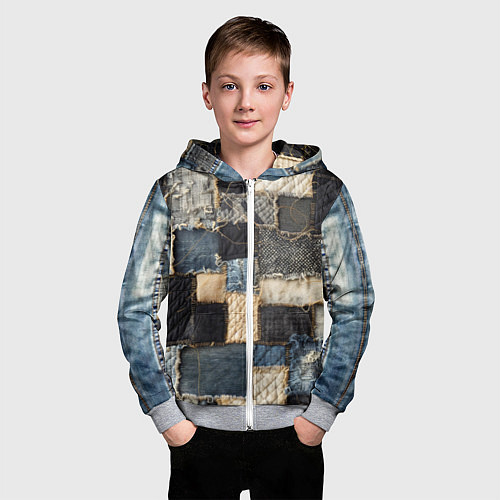 Детская толстовка на молнии Заплатки пэчворк на джинсе / 3D-Меланж – фото 3