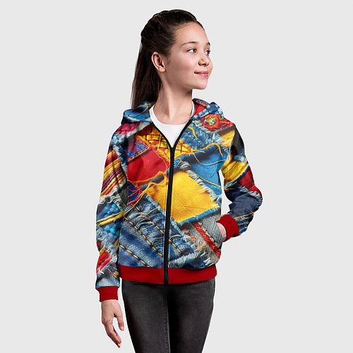Детская толстовка на молнии Colorful denim patchwork - ai art / 3D-Красный – фото 4
