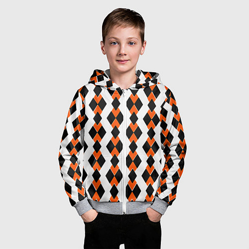 Детская толстовка на молнии Чёрные и оранжевые ромбы на белом фоне / 3D-Меланж – фото 3