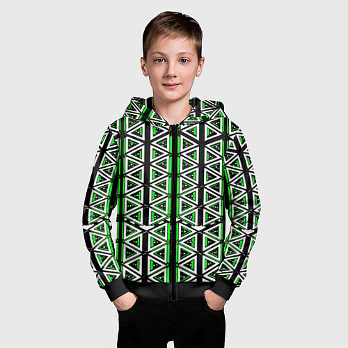 Детская толстовка на молнии Бело-зелёные треугольники на чёрном фоне / 3D-Черный – фото 3