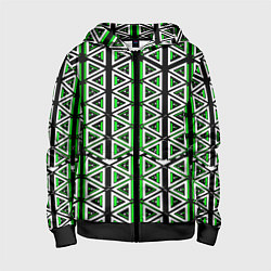 Толстовка на молнии детская Бело-зелёные треугольники на чёрном фоне, цвет: 3D-черный