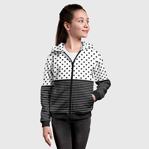 Детская толстовка на молнии Белый в чёрный горошек с полосами / 3D-Черный – фото 4