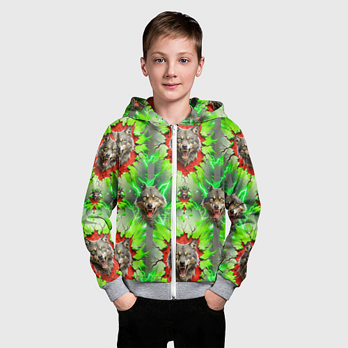 Детская толстовка на молнии Волки из зеленого паттерна / 3D-Меланж – фото 3