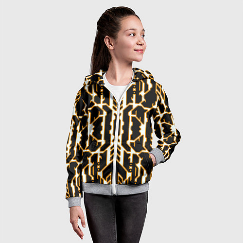 Детская толстовка на молнии Техно белые линии с жёлтой обводкой на чёрном фоне / 3D-Меланж – фото 4