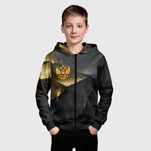 Детская толстовка на молнии Золотой герб России на темном фоне / 3D-Черный – фото 3