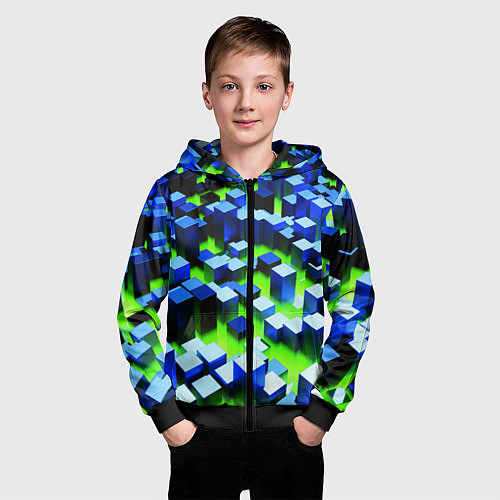 Детская толстовка на молнии Синие блоки в зеленом тумане / 3D-Черный – фото 3