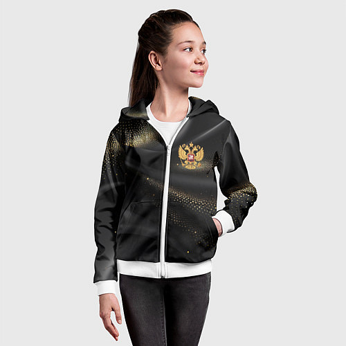 Детская толстовка на молнии Золотой герб России на черно-золотой текстуре / 3D-Белый – фото 4