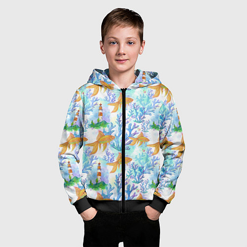 Детская толстовка на молнии Золотая рыбка и кораллы акварельные / 3D-Черный – фото 3