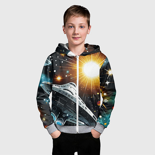 Детская толстовка на молнии Космолёт в неоновом космосе - нейросеть / 3D-Меланж – фото 3