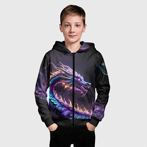 Детская толстовка на молнии Неоновый сиреневый дракон на черном фоне / 3D-Черный – фото 3