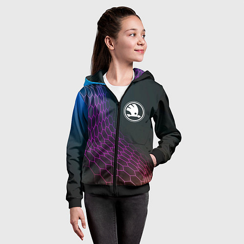Детская толстовка на молнии Skoda neon hexagon / 3D-Черный – фото 4