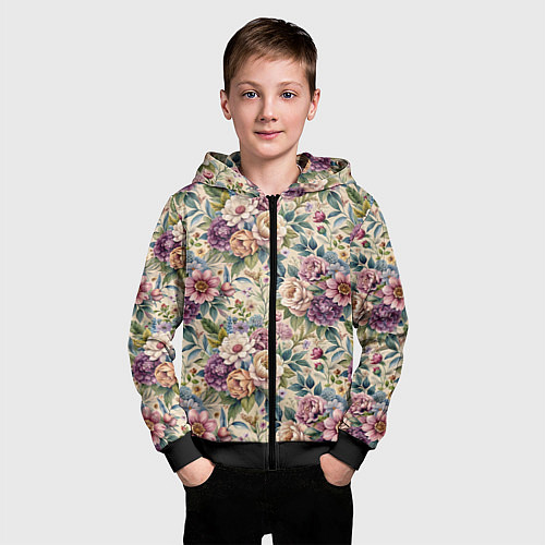 Детская толстовка на молнии Нежные цветочные мотивы паттерны / 3D-Черный – фото 3