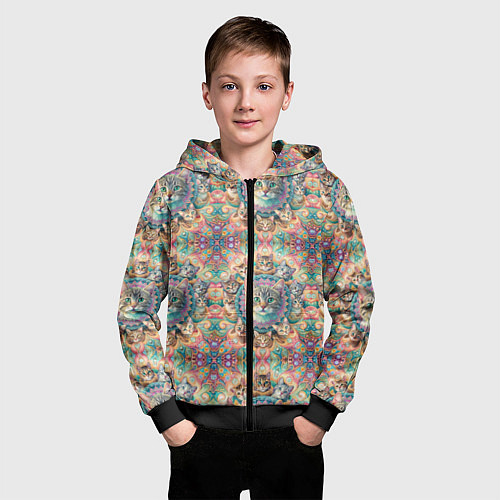 Детская толстовка на молнии Узор из котов и мандалы / 3D-Черный – фото 3