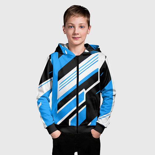 Детская толстовка на молнии Бело-синие полосы на чёрном фоне / 3D-Черный – фото 3