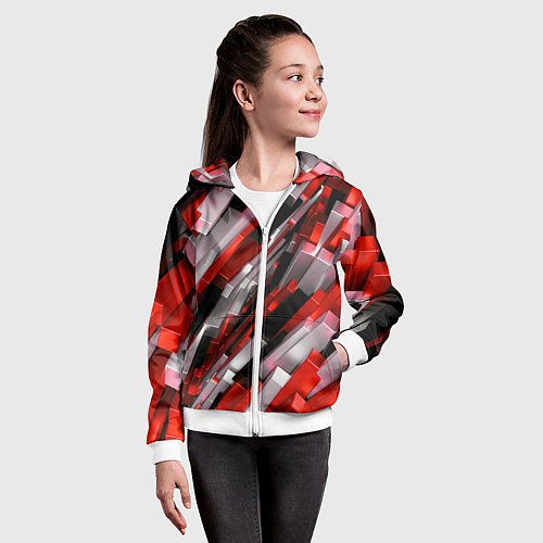 Детская толстовка на молнии Черно-красно-белые наклонные блоки / 3D-Белый – фото 4