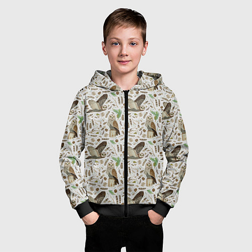 Детская толстовка на молнии Совы и перья / 3D-Черный – фото 3