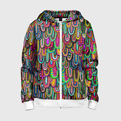 Толстовка на молнии детская Абстрактные перья в стиле бохо, цвет: 3D-белый