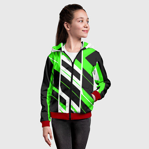 Детская толстовка на молнии Black and green stripes on a white background / 3D-Красный – фото 4