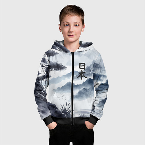 Детская толстовка на молнии Японский пейзаж - нейросеть / 3D-Черный – фото 3