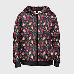 Толстовка на молнии детская Ягоды клубники на темном фоне, цвет: 3D-черный