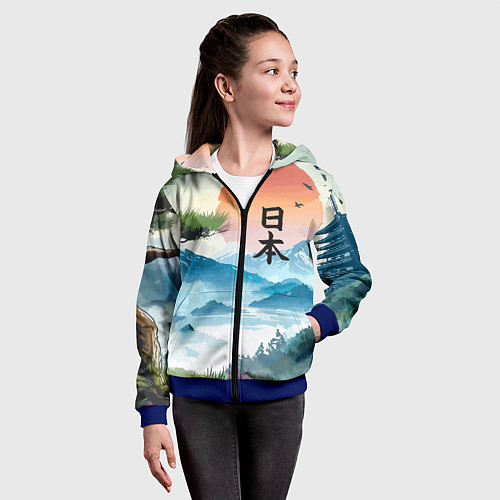 Детская толстовка на молнии Восход красного солнца - Японский пейзаж / 3D-Синий – фото 4