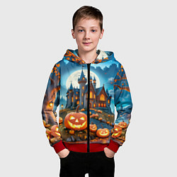 Толстовка на молнии детская Ночь Хэллоуина тыквы и замок, цвет: 3D-красный — фото 2