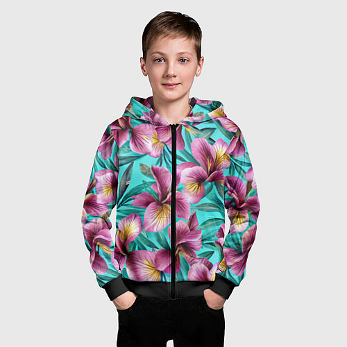 Детская толстовка на молнии Розовые ирисы лианы паттерн / 3D-Черный – фото 3