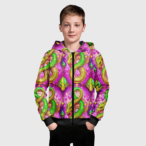 Детская толстовка на молнии Желто-зеленые змеи паттерн / 3D-Черный – фото 3