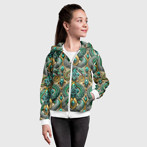 Детская толстовка на молнии Паттерн зеленые темные змеи / 3D-Белый – фото 4