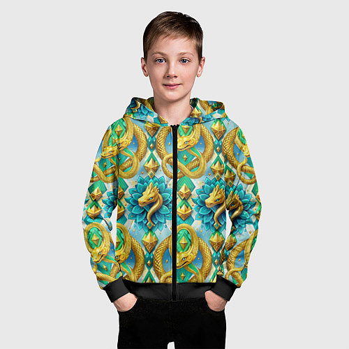 Детская толстовка на молнии Золотистые змеи и цветы / 3D-Черный – фото 3