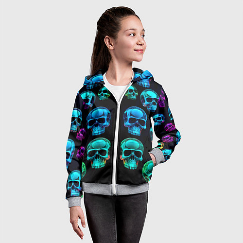 Детская толстовка на молнии Neon skulls - ai art pattern / 3D-Меланж – фото 4