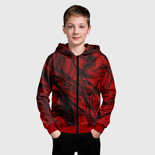 Детская толстовка на молнии Красно-чёрный абстрактный полосатый / 3D-Красный – фото 3