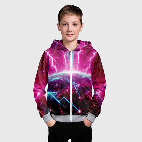 Детская толстовка на молнии Неоновые молнии ударяют в планету - нейроарт / 3D-Меланж – фото 3
