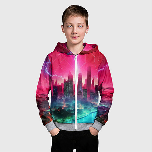 Детская толстовка на молнии Неоновая гроза в мегаполисе - удар молнии / 3D-Меланж – фото 3