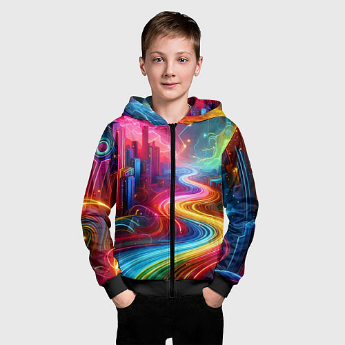 Детская толстовка на молнии Неоновый город - нейроарт / 3D-Черный – фото 3