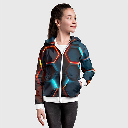 Детская толстовка на молнии Неоновые темно синие соты / 3D-Белый – фото 4