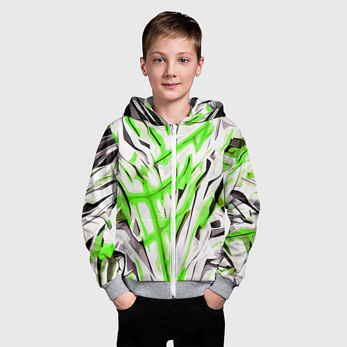 Детская толстовка на молнии Чёрно-зелёная агрессивная абстракция на белом фоне / 3D-Меланж – фото 3