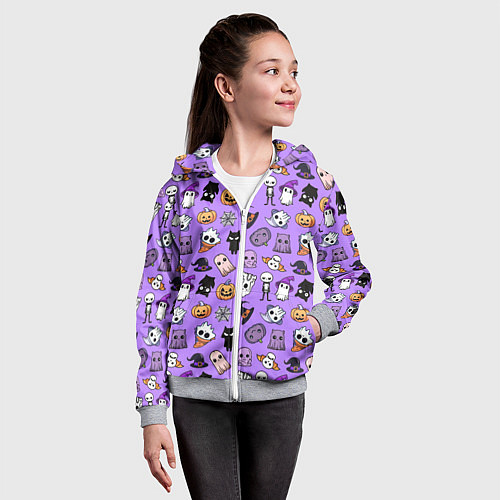 Детская толстовка на молнии Кавайный хэллоуин - призраки и черепа на сиреневом / 3D-Меланж – фото 4